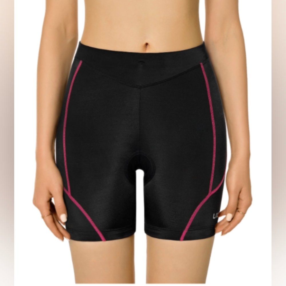 Women's Black Padded Cycling Shorts with Pink Accents